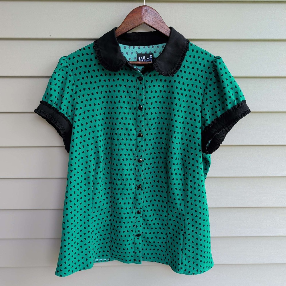 Hell Bunny Top Womens 2XL Green Heart Print Peter Pan Collar Ruffle